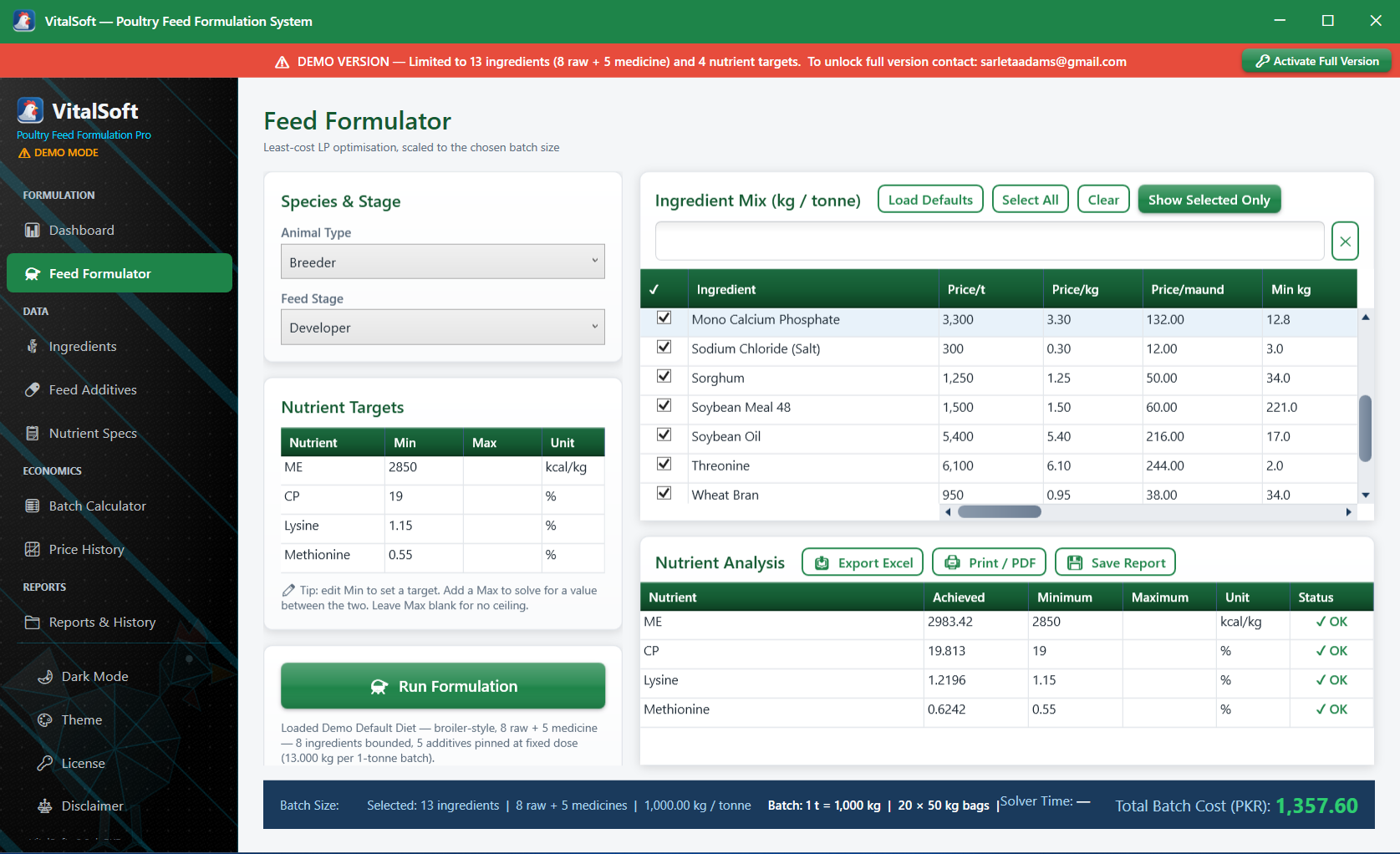 VitalSoft Feed Formulator screen showing least-cost optimisation and nutrient analysis